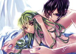Rule 34 | 1boy, 1girl, ass, bed sheet, black hair, breasts, c.c., code geass, completely nude, couple, green hair, lelouch vi britannia, long hair, lying, meimi k, nude, on bed, purple eyes, short hair, signature, smile, yellow eyes