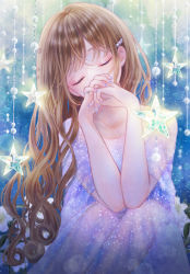 Rule 34 | 1girl, aqua background, blue background, blunt bangs, brown hair, closed eyes, collarbone, covering own mouth, crying, crystal, dress, elbow on knee, elbow rest, expressionless, eyelashes, feet out of frame, fingernails, flower, ginniroya, glitter, glowing, gradient background, grey background, hair ornament, hair over shoulder, hairclip, head tilt, highres, jewelry, legs together, lens flare, light particles, lily (flower), long dress, long hair, nail polish, original, own hands together, pearl hair ornament, purple dress, purple nails, ring, see-through, see-through dress, short sleeves, simple background, solo, star (symbol), tears, twitter username, very long hair, wavy hair, white flower, wide sleeves