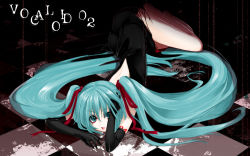 Rule 34 | 1girl, aqua eyes, aqua hair, ask02, ask (artist), bare back, bent over, checkered floor, dress, elbow gloves, eyeshadow, floor, gloves, green eyes, green hair, hair ribbon, hatsune miku, highres, lipstick, long hair, lying, makeup, matching hair/eyes, pale skin, perspective, ribbon, skinny, solo, twintails, very long hair, vocaloid, wallpaper