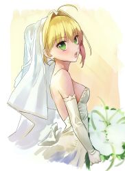 Rule 34 | 1girl, ahoge, blonde hair, breasts, commentary request, dress, fate/grand order, fate (series), flower, green eyes, hair intakes, highres, looking at viewer, medium breasts, nero claudius (fate), nero claudius (fate), nero claudius (fate/extra), open mouth, short hair, solo, torimahera, wedding dress