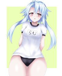 Rule 34 | 1girl, alternate costume, arms behind back, black panties, blue hair, blush, breasts, cowboy shot, detour imminent, embarrassed, facing viewer, from below, gym uniform, highres, hip focus, looking at viewer, looking away, matrixjudge, medium hair, neptune (series), open mouth, panties, power symbol, power symbol-shaped pupils, red eyes, shirt, short hair with long locks, small breasts, solo, sportswear, symbol-shaped pupils, thick thighs, thigh gap, thighs, underwear, white heart (neptunia), white shirt