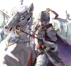 Rule 34 | 1girl, armor, barding, breastplate, cape, fantasy, faulds, female knight, focused, gauntlets, helmet, highres, holding, holding sword, holding weapon, knight, open mouth, original, outdoors, pauldrons, plate armor, plume, purple cape, reins, sheath, shoulder armor, signature, sword, twitter username, weapon, yuhkiano