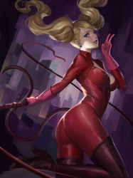 Rule 34 | 10s, 1girl, ass, black footwear, blue eyes, bodysuit, boots, breasts, brown hair, collarbone, earrings, floating hair, from side, gloves, high heel boots, high heels, holding, holding whip, jewelry, leg up, long hair, medium breasts, parted lips, persona, persona 5, phamoz, pink gloves, red bodysuit, solo, standing, standing on one leg, takamaki anne, thigh boots, thighhighs, twintails, v, very long hair