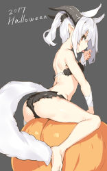 Rule 34 | 1girl, animal ears, bandages, bare legs, from side, grey background, halloween, horns, long hair, looking at viewer, original, pointy ears, ponytail, pumpkin, red eyes, sidelocks, simple background, sitting, solo, straddling, tail, tongue, tongue out, white hair, yuuji (yukimimi)