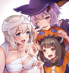 Rule 34 | 3girls, absurdres, bandaged head, bandages, blue eyes, blunt bangs, breasts, brown eyes, brown hair, claw pose, commentary, fang, finger in own mouth, hair ornament, halloween, halloween costume, hands up, hat, headgear, highres, kizuna akari, large breasts, leaning forward, long hair, looking at viewer, multiple girls, mummy, one eye closed, open mouth, orange headwear, pumpkin hat, purple eyes, purple hair, purple headwear, saliva, short hair, silver hair, tongue, tongue out, touhoku kiritan, upper body, voiceroid, white background, witch hat, yasuhara roku, yuzuki yukari