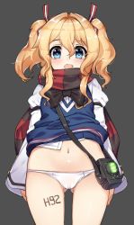 Rule 34 | 1girl, bad id, bad pixiv id, blonde hair, blue eyes, blush, body writing, cameltoe, clothes lift, commentary request, cowboy shot, female focus, glowworm (warship girls r), gluteal fold, grey background, hair between eyes, hair ribbon, long sleeves, looking at viewer, navel, no pants, open mouth, panties, red ribbon, ribbon, scarf, shirt, shirt lift, sidelocks, simple background, solo, striped clothes, striped ribbon, striped scarf, sweater vest, tama (tamatamo), twintails, underwear, warship girls r, white panties, white shirt