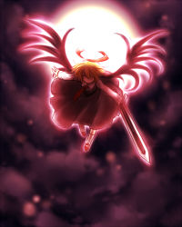 Rule 34 | 1girl, aino yumeri, blonde hair, embodiment of scarlet devil, ex-rumia, female focus, flying, full moon, glowing, glowing eyes, moon, red eyes, rumia, solo, sword, the iron of yin and yang, touhou, weapon, wings