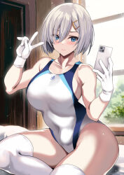 Rule 34 | 1girl, alternate costume, blue eyes, breasts, cellphone, closed mouth, commentary request, competition swimsuit, covered navel, gloves, grey hair, hair between eyes, hair ornament, hairclip, hamakaze (kancolle), hands up, highleg, highleg swimsuit, highres, holding, holding phone, indoors, kantai collection, kyogoku shin, large breasts, looking at phone, one-piece swimsuit, phone, red one-piece swimsuit, selfie, short hair, sitting, solo, swimsuit, thighhighs, thighs, two-tone swimsuit, v, white gloves, white one-piece swimsuit, white thighhighs