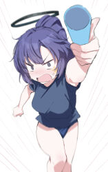 Rule 34 | 1girl, black shirt, blue archive, blurry, blurry foreground, blush, breasts, buruma, depth of field, emphasis lines, foreshortening, gym uniform, halo, highres, looking at viewer, medium breasts, motion blur, motion lines, ochiaki, official alternate costume, open mouth, ponytail, purple hair, reaching, reaching towards viewer, running, shirt, short sleeves, simple background, solo, speed lines, sticker on face, sweat, white background, yuuka (blue archive), yuuka (track) (blue archive)