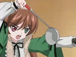 Rule 34 | 00s, 1girl, brown hair, close-up, dress, green dress, green eyes, heterochromia, holding, ladle, long sleeves, open mouth, red eyes, ribbon, rozen maiden, screencap, solo, straightchromia, suiseiseki, teeth