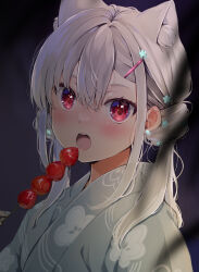 Rule 34 | 1girl, animal ear fluff, animal ears, blue flower, blurry, blurry foreground, commentary, depth of field, floral print, flower, food, fruit, grey kimono, grey nails, hair between eyes, hair flower, hair ornament, hairclip, hand up, holding, holding food, indie virtual youtuber, japanese clothes, kimono, nail polish, natsume eri, natsume eri (vtuber), open mouth, print kimono, red eyes, solo, strawberry, symbol-only commentary, upper body, virtual youtuber