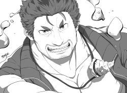 Rule 34 | 1boy, artist name, bara, beard, commentary request, facial hair, fiery hair, fish boy, gills, greyscale, hijirino yuuta, jacket, jewelry, looking at viewer, male focus, mature male, monochrome, muscular, muscular male, necklace, open clothes, open jacket, pectorals, sharp teeth, shell, shell necklace, short hair, signature, solo, stubble, teeth, tokyo houkago summoners, triton (housamo), upper body, water, white background