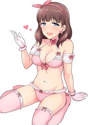 Rule 34 | 10s, 1girl, :d, arm support, blush, bra, breasts, cleavage, earrings, frilled bra, frilled panties, frilled thighhighs, frills, gloves, groin, hair ribbon, hairband, heart, heart earrings, highres, idolmaster, idolmaster cinderella girls, jewelry, jpeg artifacts, medium breasts, navel, open mouth, panties, pink bra, pink panties, pink thighhighs, ribbon, sakuma mayu, simple background, sitting, smile, solo, thighhighs, thighs, tsurui, underwear, underwear only, wariza, white background, white gloves