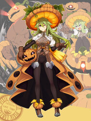 1girl 2others :d ;) abs black_pantyhose boots breasts brown_boots brown_gloves copyright_name cyclops gemma_j_squash gloves glowing glowing_eyes green_hair hair_between_eyes hat highres holding holding_pumpkin long_hair medium_breasts multiple_others multiple_views muscular navel one-eyed one_eye_closed open_mouth orange_hat pantyhose pixiv_fantasia pixiv_fantasia_last_saga pointing potion pumpkin pumpkin_head purple_hair smile standing tsukinami_kousuke