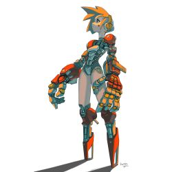 Rule 34 | 1girl, absurdres, arms at sides, breasts, cyberpunk, cyborg, facial mark, full body, highres, koutetu yarou, looking up, no feet, orange hair, original, oversized forearms, oversized limbs, piston, prosthesis, prosthetic arm, prosthetic leg, red eyes, science fiction, shadow, short hair, signature, small breasts, solo, standing, white background