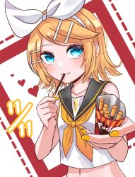 Rule 34 | 1girl, black sailor collar, blonde hair, blue eyes, blush, bow, closed mouth, eating, food, food in mouth, hair bow, hair ornament, hairclip, heart, holding, holding food, holding pocky, kagamine rin, looking at viewer, nashinome (y5wlht), pocky, pocky day, pocky in mouth, sailor collar, shirt, short hair, sleeveless, smile, solo, vocaloid, white bow, yellow nails