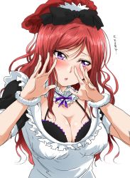Rule 34 | 1girl, aged up, alternate costume, apron, blush, bow, bra, bra peek, breasts, cleavage, frills, hair bow, large breasts, long hair, looking at viewer, love live!, love live! school idol project, maid, maid apron, maid headdress, mogyutto &quot;love&quot; de sekkin chuu!, nishikino maki, open mouth, purple eyes, red hair, shogo (4274732), solo, underwear, upper body