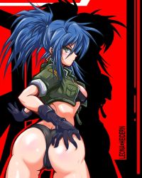 Rule 34 | 1girl, ass, back, black gloves, blue hair, blush, bra, breasts, butt crack, character name, cropped jacket, deep skin, dew (dewichi), earrings, female focus, gloves, green eyes, hand on own ass, huge ass, jacket, jewelry, leona heidern, lingerie, long hair, looking back, open clothes, open jacket, ponytail, silhouette, snk, solo, the king of fighters, underwear