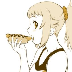 Rule 34 | 1girl, bare shoulders, breasts, collarbone, gundam, gundam build fighters, gundam build fighters try, hoshino fumina, hot dog, looking at viewer, medium hair, monochrome, open mouth, ponytail, scrunchie, sidelocks, simple background, solo, ueyama michirou, white background
