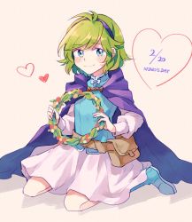 Rule 34 | 1girl, bad id, bad twitter id, blue eyes, cape, closed mouth, fire emblem, fire emblem: the blazing blade, full body, green hair, hairband, heart, highres, holding, long sleeves, nino (fire emblem), nintendo, pouch, short hair, sitting, skirt, smile, solo, sushitarou, white skirt, wreath