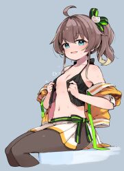 Rule 34 | 1girl, ahoge, bare shoulders, blue eyes, blush, breasts, brown hair, brown pantyhose, cat hair ornament, collarbone, hair between eyes, hair ornament, hair ribbon, highres, hololive, jacket, long hair, looking at viewer, mota, natsuiro matsuri, navel, no bra, off shoulder, open clothes, open mouth, open shirt, pantyhose, pleated skirt, ribbon, shirt, side ponytail, simple background, sitting, skirt, small breasts, smile, solo, virtual youtuber, white skirt