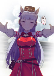 Rule 34 | 1girl, animal ears, ashino moto, belt, blunt bangs, blurry, blurry background, breasts, cloud, cloudy sky, day, dress, foreshortening, gloves, gold ship (umamusume), hair ribbon, half-closed eyes, hat, highres, horse ears, incoming hug, long hair, looking at viewer, medium breasts, outdoors, outstretched arms, pouch, purple ribbon, red dress, ribbon, silver hair, sky, sleeveless, sleeveless dress, smile, solo, umamusume, white gloves