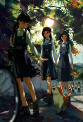 Rule 34 | 5girls, autumn leaves, bag, belt, black eyes, black footwear, black hair, black legwear, blue dress, blurry, bob cut, bobby socks, buckle, cat, closed eyes, commentary request, dappled sunlight, day, depth of field, dress, facing down, highres, light rays, loafers, long hair, long sleeves, looking at another, looking at viewer, low twintails, mole, mole under eye, mountain, multiple girls, name tag, open hand, open mouth, original, outdoors, outstretched hand, pinafore dress, school bag, school uniform, shirt, shoes, short hair, sleeveless dress, smile, socks, sunbeam, sunlight, tree, twintails, white shirt, xingbai xian