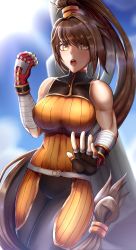 Rule 34 | 1girl, absurdres, brown hair, dnf duel, dungeon and fighter, fighter (dungeon and fighter), fingerless gloves, gloves, highres, ponytail, solo, striker (dungeon and fighter), yellow eyes