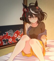 Rule 34 | 1girl, animal ears, blurry, blurry background, breasts, casual, cleavage, collarbone, commentary request, commission, door, futon, hair ornament, highres, horse ears, jacket, kitasan black (umamusume), looking at viewer, medium breasts, medium hair, pillow, red eyes, shiodanx, short hair, shorts, sitting, skeb commission, smile, solo, umamusume