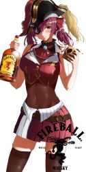 Rule 34 | 1girl, absurdres, alcohol, bad id, bad pixiv id, belt, blush, bottle, breasts, brown belt, cleavage, commentary, covered navel, cup, discoshoujo, english commentary, eyepatch, hat, highres, holding, holding bottle, holding cup, hololive, houshou marine, medium breasts, one eye covered, pirate, pirate hat, red hair, red skirt, see-through, see-through cleavage, short twintails, skindentation, skirt, smile, solo, thighhighs, twintails, virtual youtuber, whiskey, yellow eyes
