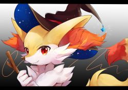 Rule 34 | animal ear fluff, braixen, brown hat, closed mouth, clothed pokemon, commentary request, creatures (company), fang, fang out, furry, game freak, gen 6 pokemon, goma (nabepa nabepa), hands up, hat, highres, holding, holding stick, letterboxed, looking to the side, nintendo, orange eyes, pokemon, pokemon (creature), smile, solo, stick, upper body, white fur, witch hat
