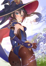 Rule 34 | 1girl, ass, black hair, black pantyhose, blue hat, blue leotard, blush, breasts, cape, choker, cowboy shot, embarrassed, from behind, genshin impact, gloves, green eyes, hair ornament, hat, hat ornament, highres, leotard, long hair, long sleeves, looking at viewer, looking back, mona (genshin impact), okishiji en, pantyhose, sideboob, small breasts, solo, star (symbol), star hair ornament, star hat ornament, twintails, water, wet