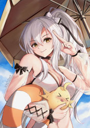 Rule 34 | &gt; &lt;, 1girl, afterimage, animal, armpits, artist name, azur lane, bare shoulders, beach umbrella, bikini, bird, blue sky, blush, bow, breasts, chick, cleavage, cloud, collarbone, commentary, day, detached sleeves, drake (azur lane), drake (the golden hind&#039;s respite) (azur lane), flying sweatdrops, grey choker, groin, hair between eyes, hair bow, highres, holding, holding animal, holding swim ring, ichi10art, innertube, large breasts, long hair, looking at viewer, manjuu (azur lane), midriff, multi-strapped bikini, navel, nose blush, outdoors, salute, see-through, see-through sleeves, side ponytail, sidelocks, silver hair, sky, smile, solo focus, standing, sweat, swim ring, swimsuit, umbrella, upper body, white bikini, yellow eyes