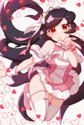 Rule 34 | 1girl, alternate costume, blowing kiss, blush, bow, chichi fire, filia (skullgirls), heart, long hair, red eyes, scrunchie, skirt, skullgirls, solo, tentacle hair, thick thighs, thighhighs, thighs, white background, wide hips, wrist scrunchie