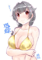 Rule 34 | 1girl, bikini, black hair, breasts, character name, cleavage, gold bikini, hair flaps, hair ornament, jingei (kancolle), kantai collection, koshigaya tatsumi, large breasts, long hair, low ponytail, one-hour drawing challenge, red eyes, simple background, smug, solo, swimsuit, upper body, whale hair ornament, white background