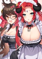 Rule 34 | 2girls, ;d, ahoge, animal ear fluff, animal ears, aqua eyes, black horns, black neckwear, black ribbon, breasts, brown hair, choker, cleavage, commentary request, commission, detached collar, facial mark, fangs, frilled choker, frills, glasses, highres, horns, kinsenka momi, large breasts, long hair, looking at viewer, multiple girls, one eye closed, open mouth, original, red hair, ribbon, round eyewear, skeb commission, smile, thick eyebrows, whisker markings, white choker