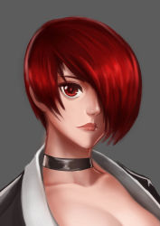Rule 34 | 1girl, absurdres, breasts, choker, cleavage, eyelashes, genderswap, genderswap (mtf), grey background, hair over one eye, highres, lips, lipstick, makeup, nose, oroo, portrait, red eyes, red hair, short hair, solo, the king of fighters, yagami iori