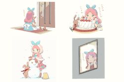 Rule 34 | 1girl, :o, alicia (pop&#039;n music), apron, back bow, baking, blue bow, blue dress, blush stickers, boots, unworn boots, bow, bowl, brown footwear, brown pantyhose, bucket, cake, capelet, cream, door, doormat, doorway, dress, facing away, food, from outside, fruit, fur-trimmed capelet, fur-trimmed hood, fur trim, green eyes, hair bow, hair over shoulder, hairband, head rest, holding, holding food, holding stuffed toy, hood, hood up, hooded capelet, indoors, leoharju, long hair, long sleeves, mittens, multiple views, on floor, pantyhose, pastry bag, pink hair, plaid, plaid dress, pop&#039;n music, red scarf, scarf, short sleeves, simple background, sitting, snow, snowing, snowman, standing, strawberry, stuffed animal, stuffed rabbit, stuffed toy, translation request, waiting, whisk, white apron, white bow, window, winter, winter clothes