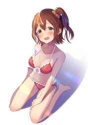 Rule 34 | 1girl, absurdres, bare shoulders, barefoot, bikini, blush, breasts, brown eyes, brown hair, cleavage, collarbone, dot nose, frilled bikini, frills, from above, front-tie bikini top, front-tie top, glint, hair bobbles, hair ornament, hairclip, hand on own leg, highres, idolmaster, idolmaster million live!, idolmaster million live! theater days, kasuga mirai, kuro kinkan, looking at viewer, looking up, medium breasts, navel, one side up, open mouth, rainbow gradient, red bikini, shadow, short hair, side ponytail, siimka1, sitting, smile, solo, swimsuit, wariza, white background