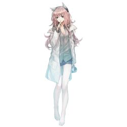 Rule 34 | 1girl, animal ears, bags under eyes, barefoot, black skirt, bow, breasts, cat ears, cleavage, cleavage cutout, clothing cutout, cup, eyebrows, feet, full body, girls&#039; frontline, green shirt, hair between eyes, hair bow, head tilt, holding, holding cup, hologram, lab coat, long hair, looking at viewer, medium breasts, messy hair, off shoulder, official art, open mouth, persica (girls&#039; frontline), pink hair, red eyes, scientist, shirt, skirt, solo, standing, transparent background, unbuttoned, unbuttoned shirt