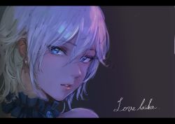 Rule 34 | 1girl, blue eyes, character request, copyright request, detached collar, hair between eyes, letterboxed, looking at viewer, osakana (denpa yun&#039;yun), parted lips, pink lips, portrait, short hair, solo, white hair