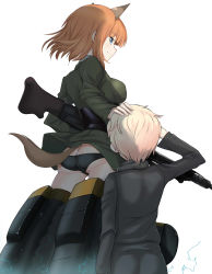 Rule 34 | 10s, 1boy, 1girl, a9b (louis814), absurdres, animal ears, ass, black panties, blonde hair, blue eyes, brave witches, gun, gundula rall, hand on another&#039;s head, highres, machine gun, mg42, military, military uniform, orange hair, panties, pantyshot, salute, short hair, standing, striker unit, tail, underwear, uniform, weapon, wolf ears, wolf tail, world witches series
