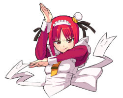 Rule 34 | 1girl, apron, brown eyes, bun cover, dress, fighting stance, frills, gin (ginshari), gin (ginshari) , long sleeves, looking at viewer, maid, maid apron, maid headdress, original, red dress, red hair, simple background, sleeve cuffs, smile, solo, upper body, white background