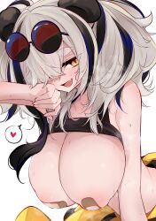 Rule 34 | 1girl, absurdres, animal ears, areola slip, arknights, bandaid, bandaids on nipples, black hair, black sports bra, breasts, clothes around waist, clothes lift, commentary request, eyewear on head, fang, feater (arknights), feater (dojo star) (arknights), grey hair, hanging breasts, heart, highres, jacket, jacket around waist, large areolae, large breasts, leaning forward, long hair, looking at viewer, maebari, multicolored hair, official alternate costume, ohichi16, open mouth, paid reward available, panda ears, pasties, red-tinted eyewear, round eyewear, skin fang, smile, solo, spoken heart, sports bra, sports bra lift, streaked hair, sunglasses, sweat, tinted eyewear, twintails, very sweaty, wiping sweat, yellow eyes, yellow jacket