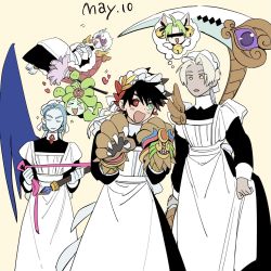 Rule 34 | &gt; &lt;, 3boys, 3girls, alternate costume, animal ears, animal hands, apron, bell, black hair, black sclera, blue hair, blue skin, blush, cat ears, censored, closed eyes, colored sclera, colored skin, crossdressing, dark-skinned male, dark skin, dejiko, di gi charat, dusa (hades), duster, enmaided, feather duster, floating, gloves, green eyes, green hair, hades (series), hades 1, hair bell, hair ornament, heart, heterochromia, hypnos (hades), identity censor, laurel crown, maid, maid apron, maid day, maid headdress, megaera (hades), mismatched sclera, mochimochimochi, multiple boys, multiple girls, open mouth, paw gloves, red eyes, scythe, single wing, sleep mask, smile, snake hair, sparkle, thanatos (hades), thought bubble, whip, white hair, wings, yellow background, yellow eyes, zagreus (hades)