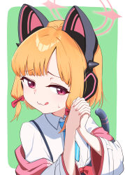 Rule 34 | 1girl, animal ear headphones, animal ears, blonde hair, blue archive, blue necktie, cat tail, closed mouth, collared shirt, fake animal ears, fingernails, halo, headphones, highres, jacket, long sleeves, looking at viewer, momoi (blue archive), necktie, open clothes, open jacket, pink halo, red eyes, shirt, short hair, solo, tail, tongue, tongue out, udon f, upper body, white jacket, white shirt