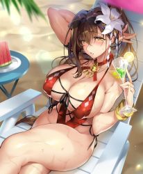 Rule 34 | 1girl, arm up, bangle, beach, beach umbrella, bell, blush, bracelet, breasts, brown eyes, brown hair, chair, collarbone, commentary request, covered erect nipples, crossed bangs, crossed legs, cup, curvy, day, eyewear on head, fingernails, flower, food, fruit, glint, groin, hair between eyes, hair flower, hair ornament, highres, holding, holding cup, jewelry, jingle bell, kanpani girls, large breasts, lips, long hair, looking at viewer, lounge chair, mole, mole under eye, neck bell, necklace, one-piece swimsuit, outdoors, palm leaf, pinky out, ponytail, red one-piece swimsuit, sand, senri gan, shade, shiny skin, shirayuri sakura, sidelocks, skindentation, solo, sunglasses, sunlight, swimsuit, thighs, umbrella, very long hair, watermelon, wet