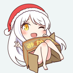 Rule 34 | 1girl, barefoot, blush, box, cardboard box, chibi, commentary request, eve santaclaus, grey background, hand up, hat, idolmaster, idolmaster cinderella girls, legs, long hair, looking at viewer, maka073, nude, one eye closed, open mouth, red hat, santa hat, sidelocks, smile, solo, thighs, w, white hair, yellow eyes
