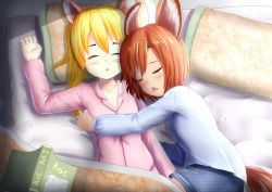 Rule 34 | 2girls, animal ear fluff, animal ears, bed sheet, blonde hair, blue pajamas, blue shirt, blush, book, brown hair, cat ears, closed eyes, collarbone, collared shirt, commentary, commission, english commentary, highres, lying, multiple girls, on back, on side, open book, original, pajamas, pants, parted lips, pillow, pink pajamas, pink pants, pink shirt, prophosphere, shirt, sleeping, tail