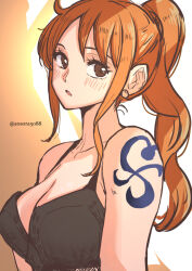 Rule 34 | 1girl, aosora2823, arm tattoo, black bra, blush, bra, breasts, brown eyes, cleavage, commentary, earrings, expressionless, highres, jewelry, large breasts, long hair, looking at viewer, nami (one piece), nami (one piece) (post-timeskip), one piece, open mouth, orange background, orange hair, ponytail, simple background, solo, tattoo, twitter username, underwear, upper body, white background